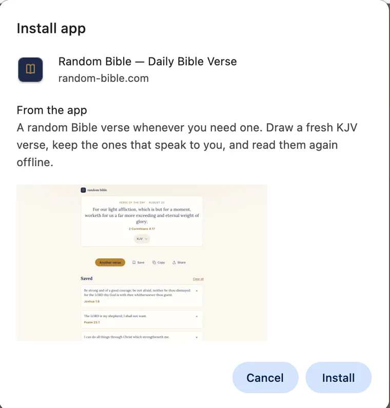 Chrome's install dialog for Random Bible, showing the app name, a description and a preview, with Cancel and Install buttons.