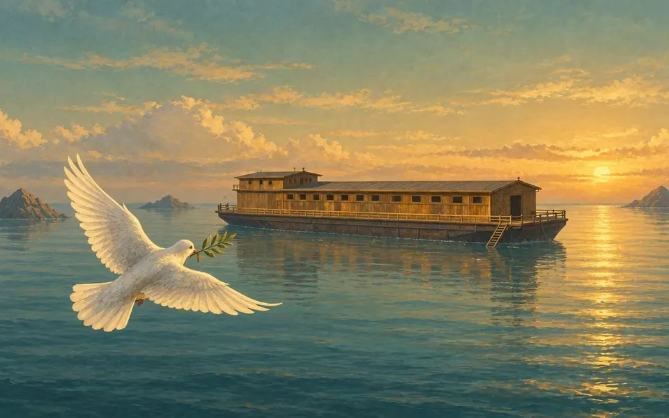 A white dove with an olive leaf in its beak flying toward Noah's ark over the floodwater