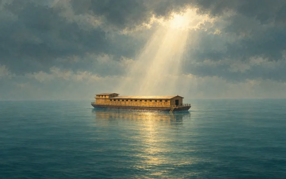 Noah's ark floating alone on the floodwater under a beam of sunlight